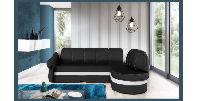Canapé d’angle droit convertible BENANA 250 cm noir et blanc avec coffre de rangement 