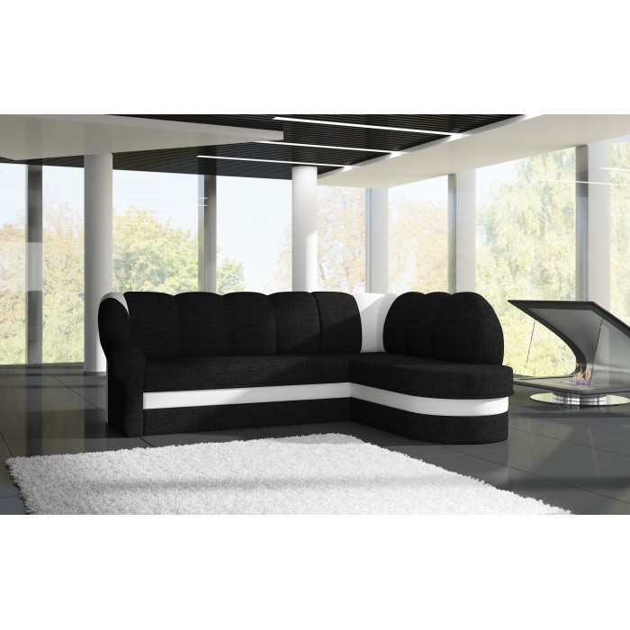 Canapé d’angle droit convertible BENANA 250 cm noir et blanc avec coffre de rangement 