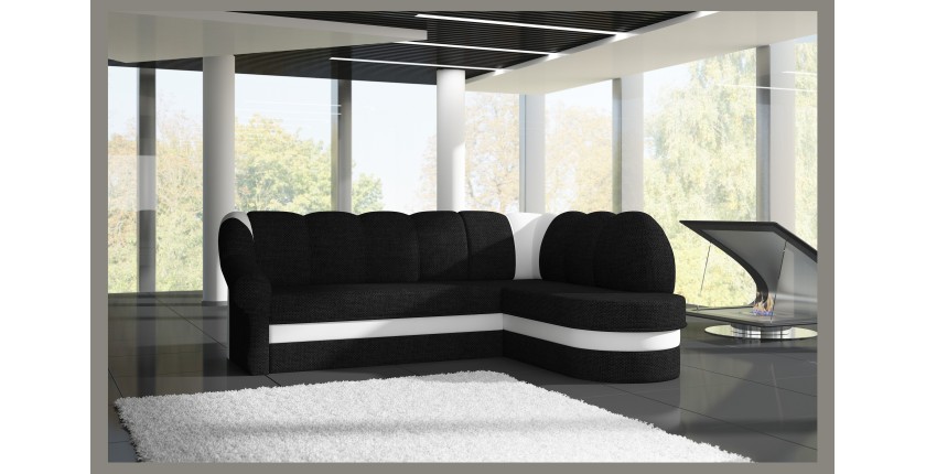Canapé d’angle droit convertible BENANA 250 cm noir et blanc avec coffre de rangement 