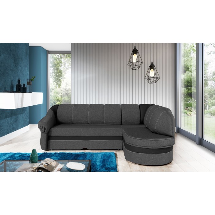 Canapé d’angle droit convertible BENANA 250 cm gris foncé et noir avec coffre 