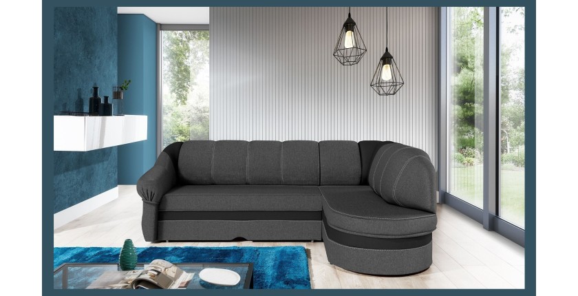 Canapé d’angle droit convertible BENANA 250 cm gris foncé et noir avec coffre 