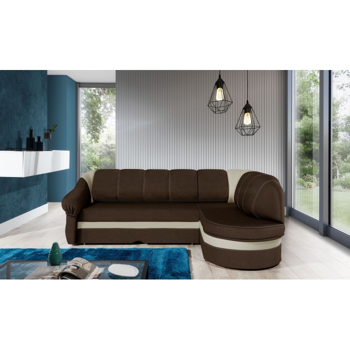Canapé d’angle droit convertible BENANA 250 cm marron et beige avec coffre 