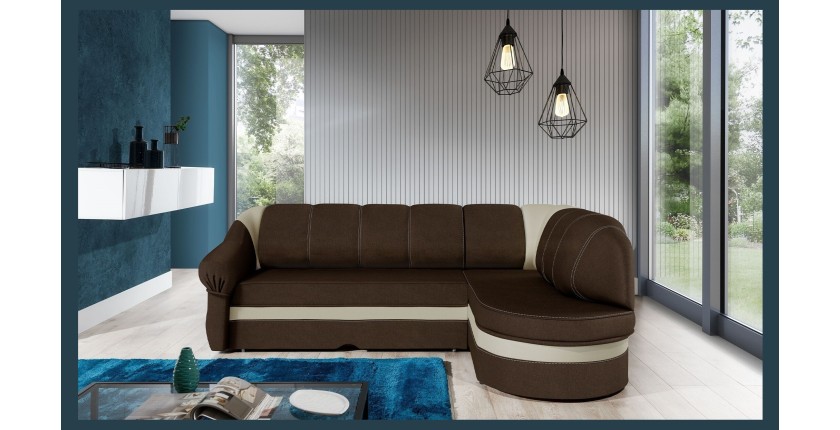 Canapé d’angle droit convertible BENANA 250 cm marron et beige avec coffre 