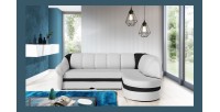 Canapé d’angle droit convertible BENANA 250 cm blanc et noir avec coffre 
