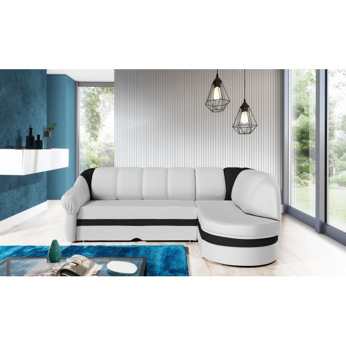 Canapé d’angle droit convertible BENANA 250 cm blanc et noir avec coffre 