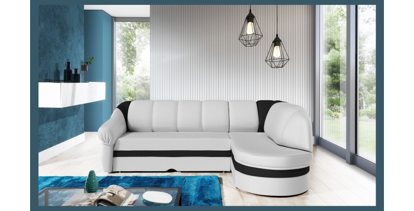 Canapé d’angle droit convertible BENANA 250 cm blanc et noir avec coffre 