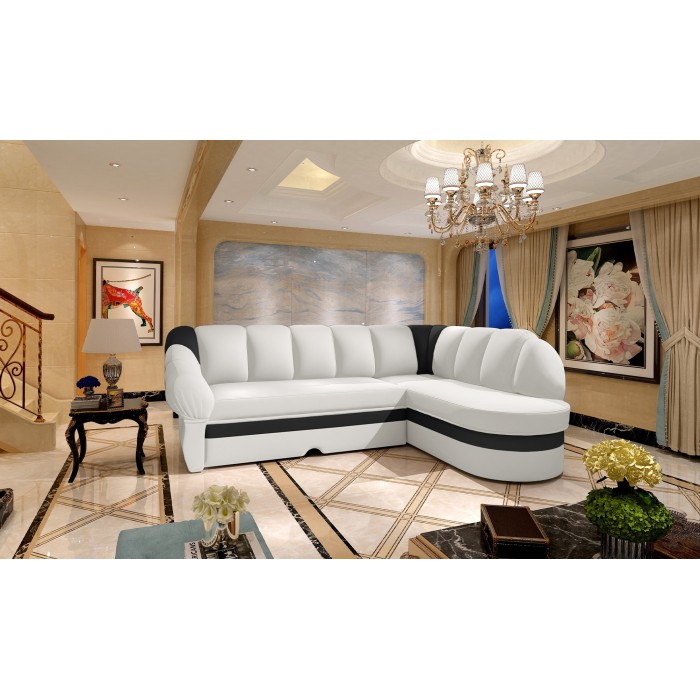 Canapé d’angle droit convertible BENANA 250 cm blanc et noir avec coffre 