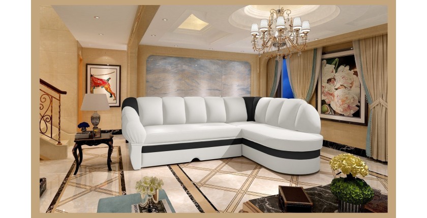 Canapé d’angle droit convertible BENANA 250 cm blanc et noir avec coffre 