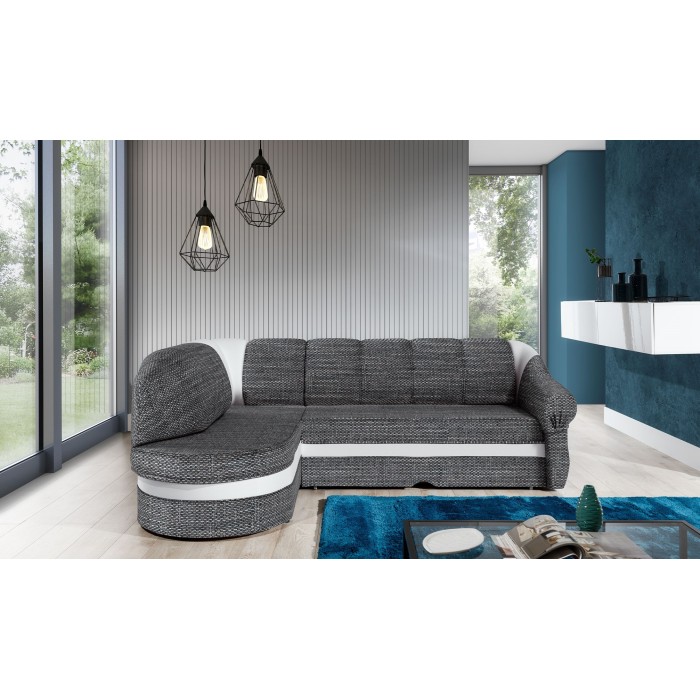 Canapé d’angle gauche convertible BENANA 250 cm gris et blanc avec coffre 