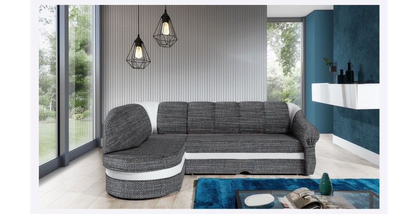 Canapé d’angle gauche convertible BENANA 250 cm gris et blanc avec coffre 