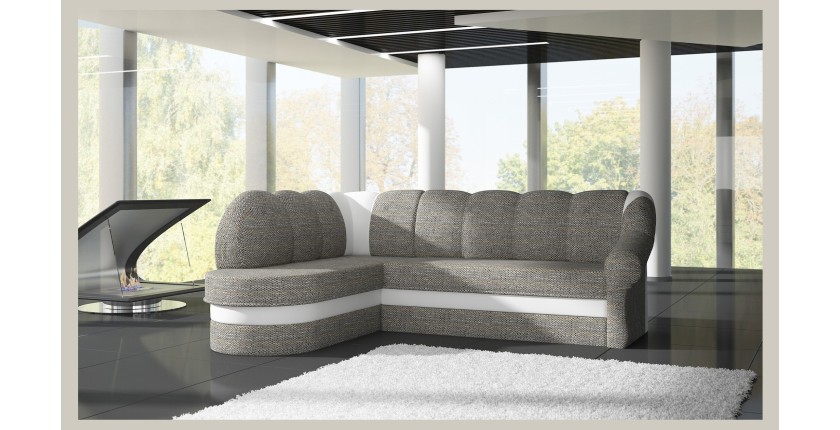 Canapé d’angle gauche convertible BENANA 250 cm gris et blanc avec coffre 