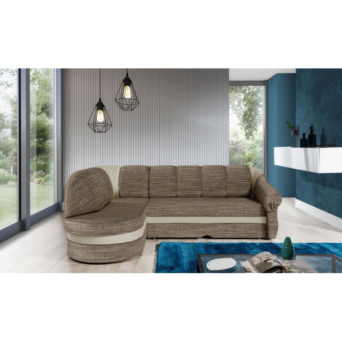 Canapé d’angle gauche convertible BENANA 250 cm beige et crème avec coffre 