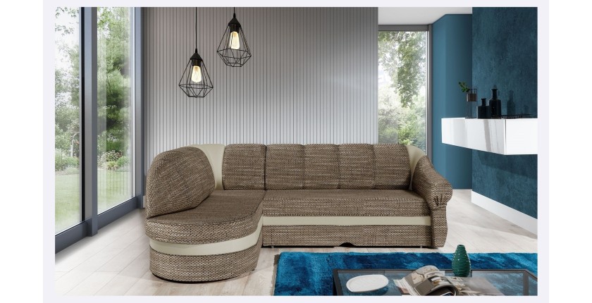Canapé d’angle gauche convertible BENANA 250 cm beige et crème avec coffre 