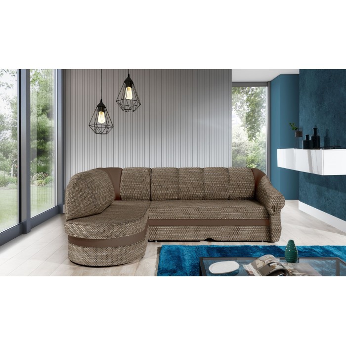 Canapé d’angle gauche convertible BENANA 250 cm beige et marron avec coffre 