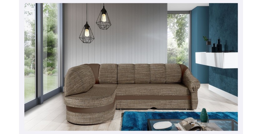 Canapé d’angle gauche convertible BENANA 250 cm beige et marron avec coffre 