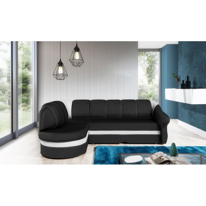 Canapé d’angle gauche convertible BENANA 250 cm noir et blanc avec coffre 