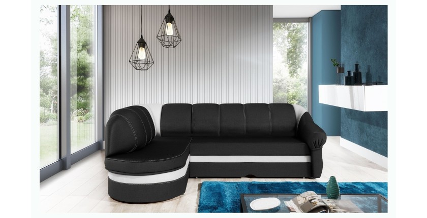 Canapé d’angle gauche convertible BENANA 250 cm noir et blanc avec coffre 