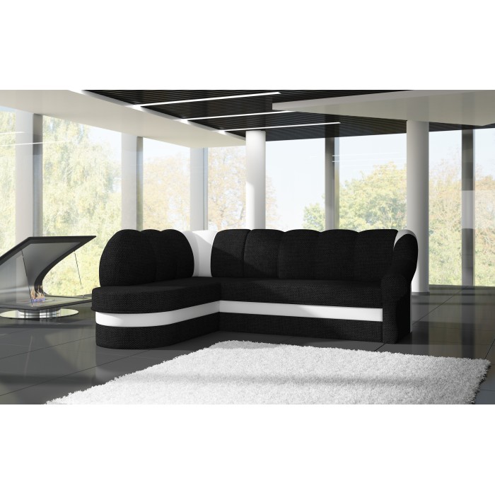 Canapé d’angle gauche convertible BENANA 250 cm noir et blanc avec coffre 