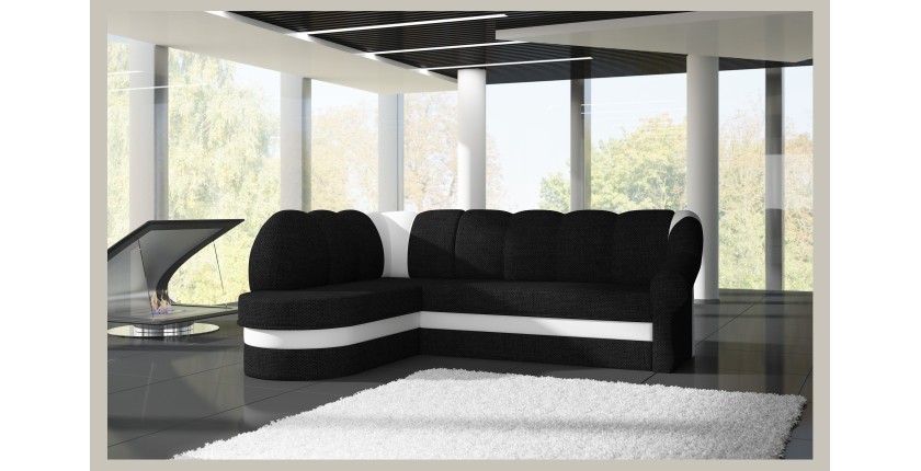 Canapé d’angle gauche convertible BENANA 250 cm noir et blanc avec coffre 