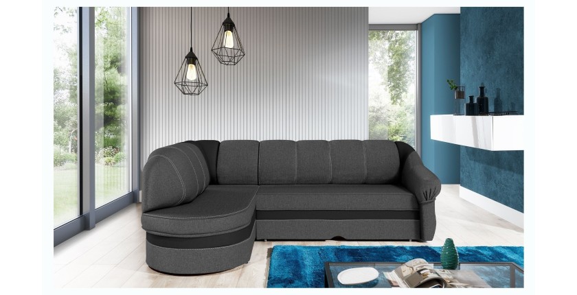 Canapé d’angle gauche convertible BENANA 250 cm gris foncé et noir avec coffre 
