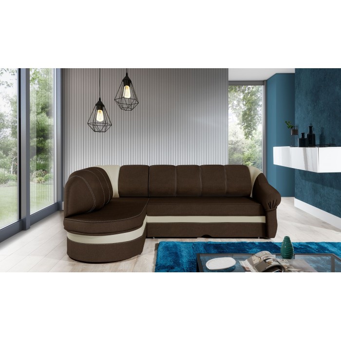 Canapé d’angle gauche convertible BENANA 250 cm marron et crème avec coffre 