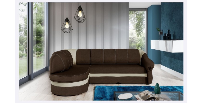 Canapé d’angle gauche convertible BENANA 250 cm marron et crème avec coffre 