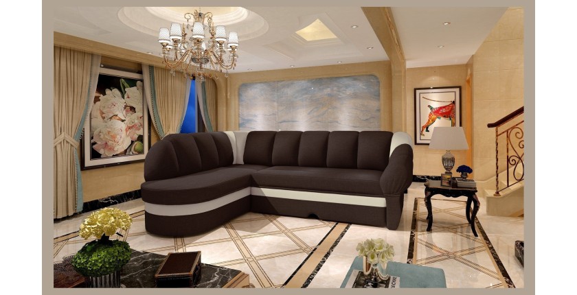 Canapé d’angle gauche convertible BENANA 250 cm marron et crème avec coffre 