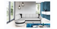 Canapé d’angle gauche convertible BENANA 250 cm blanc et noir avec coffre 