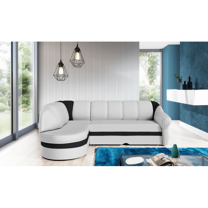 Canapé d’angle gauche convertible BENANA 250 cm blanc et noir avec coffre 