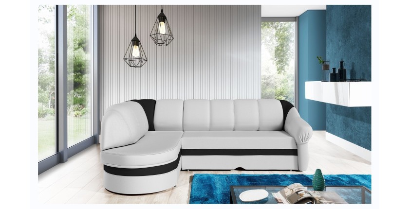 Canapé d’angle gauche convertible BENANA 250 cm blanc et noir avec coffre 