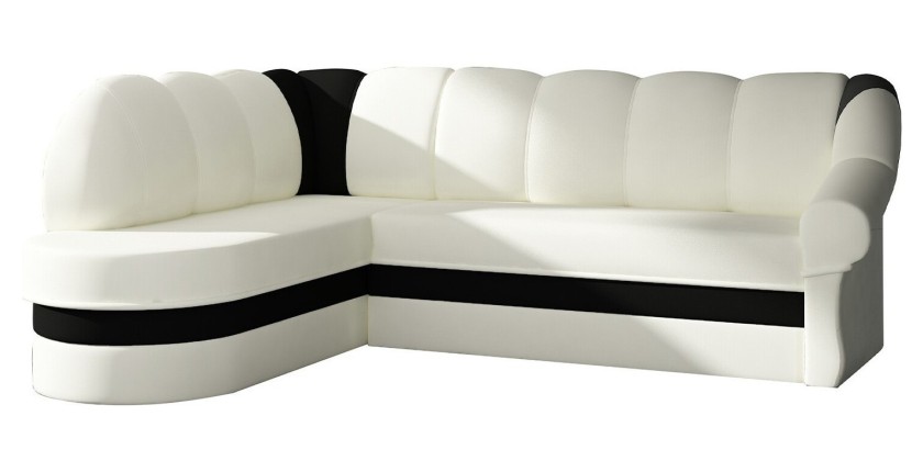 Canapé d’angle gauche convertible BENANA 250 cm blanc et noir avec coffre 