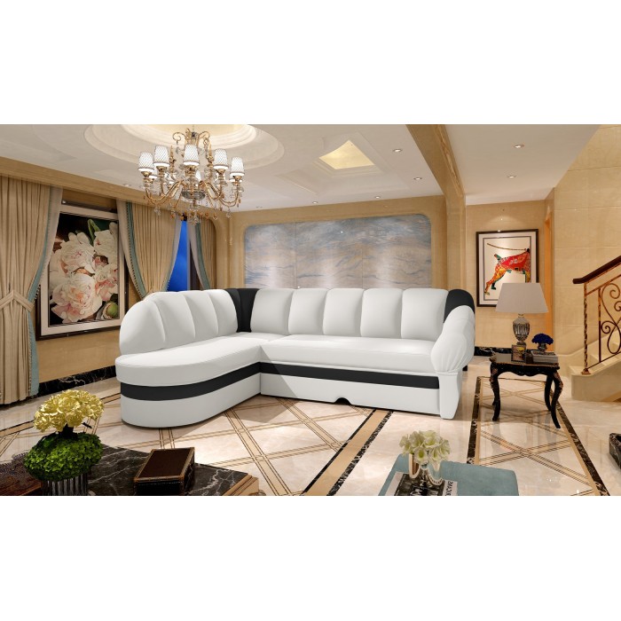 Canapé d’angle gauche convertible BENANA 250 cm blanc et noir avec coffre 
