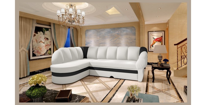 Canapé d’angle gauche convertible BENANA 250 cm blanc et noir avec coffre 