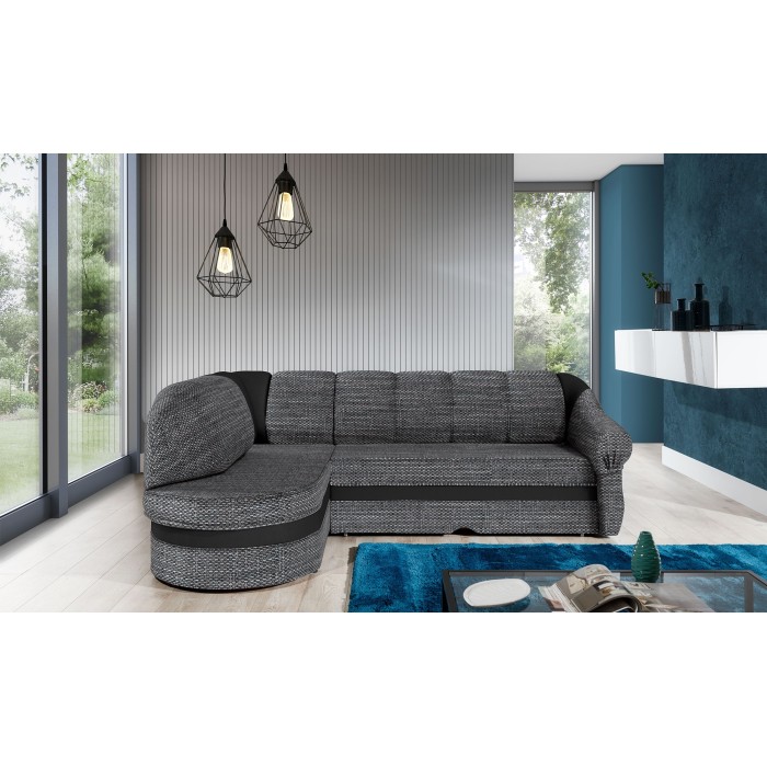 Canapé d’angle gauche convertible BENANA 250 cm gris et noir avec coffre 