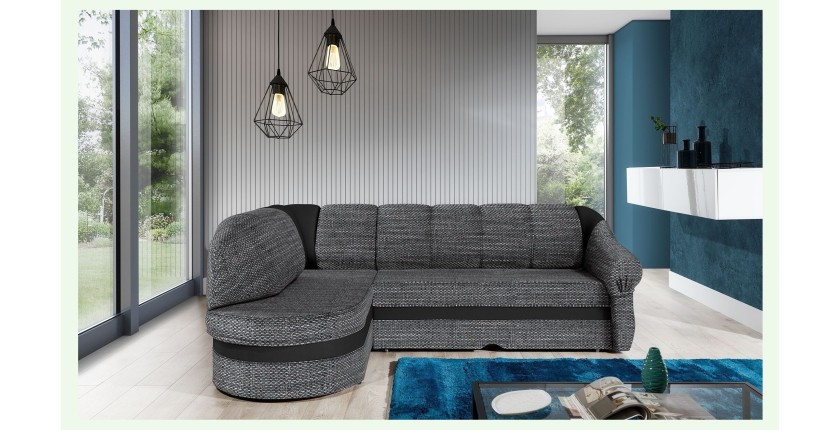 Canapé d’angle gauche convertible BENANA 250 cm gris et noir avec coffre 