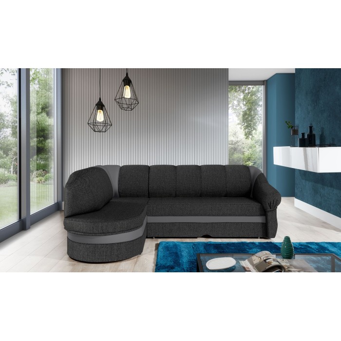 Canapé d’angle gauche convertible BENANA 250 cm gris foncé et noir avec coffre 