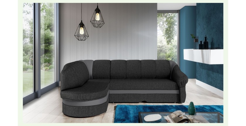 Canapé d’angle gauche convertible BENANA 250 cm gris foncé et noir avec coffre 