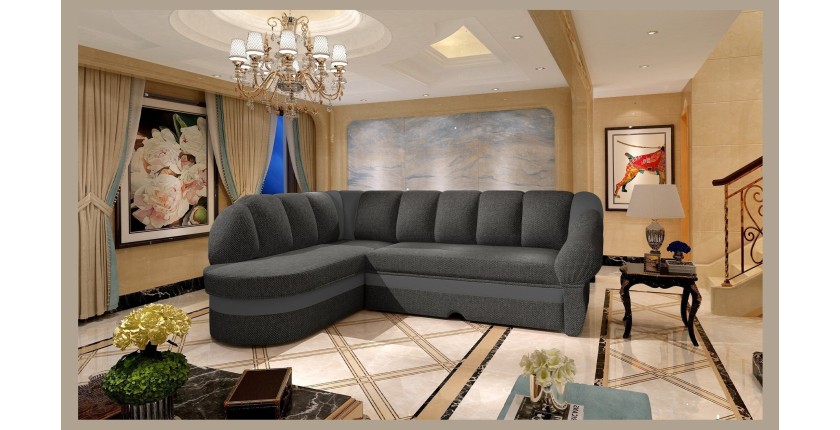 Canapé d’angle gauche convertible BENANA 250 cm gris foncé et noir avec coffre 