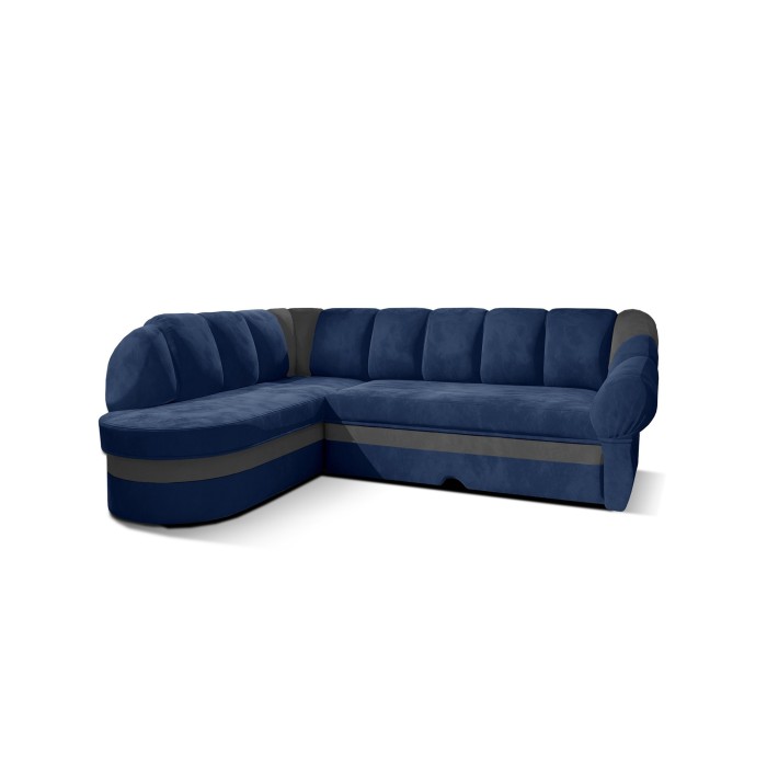 Canapé d’angle gauche convertible BENANA 250 cm bleu foncé et gris avec coffre 