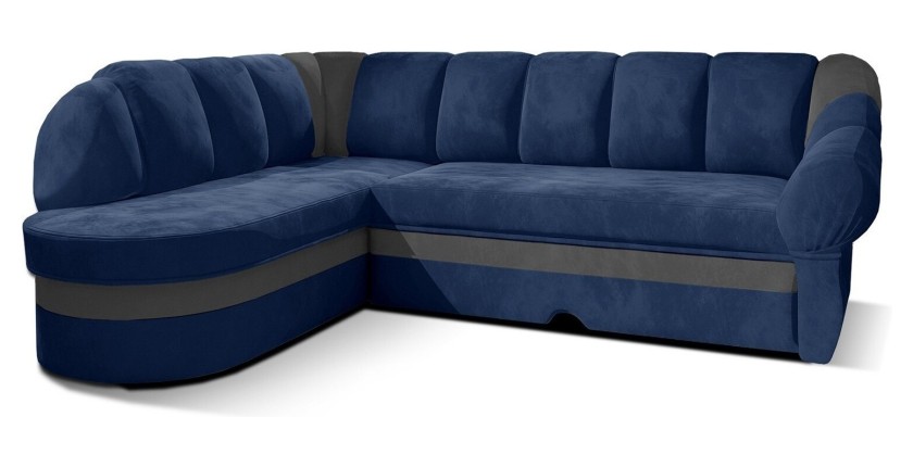 Canapé d’angle gauche convertible BENANA 250 cm bleu foncé et gris avec coffre 