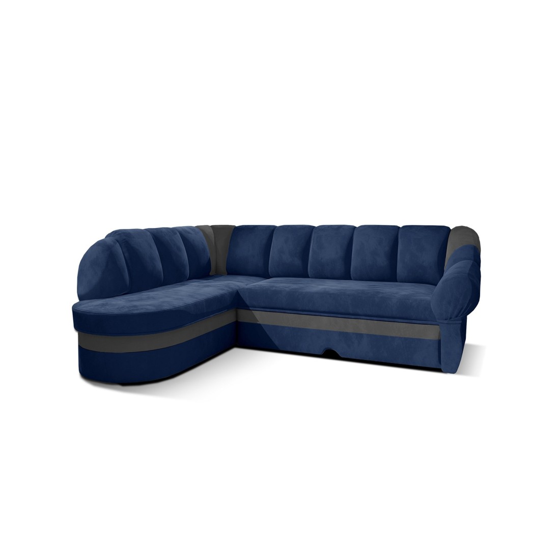 Canapé d’angle gauche convertible BENANA 250 cm bleu foncé et gris avec coffre 