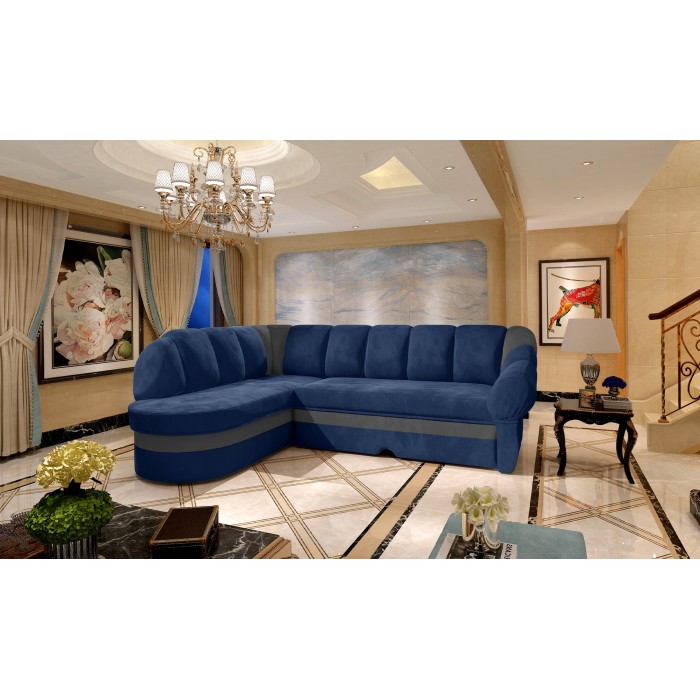 Canapé d’angle gauche convertible BENANA 250 cm bleu foncé et gris avec coffre 