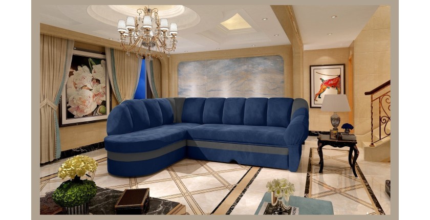 Canapé d’angle gauche convertible BENANA 250 cm bleu foncé et gris avec coffre 