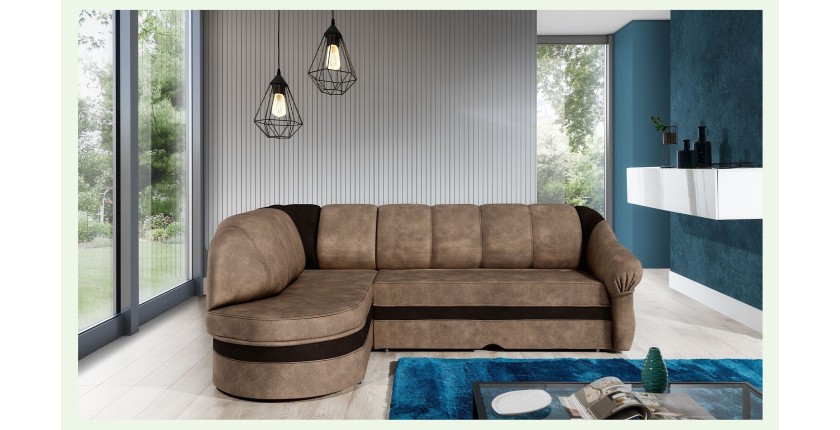Canapé d’angle gauche convertible BENANA 250 cm marron et marron foncé avec coffre 
