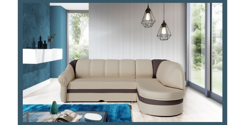 Canapé d’angle droit convertible BENANA 250 cm beige et gris avec coffre 