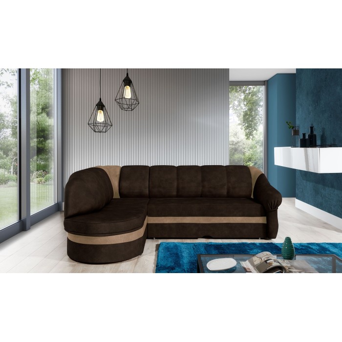 Canapé d’angle gauche convertible BENANA 250 cm marron foncé et beige avec coffre 