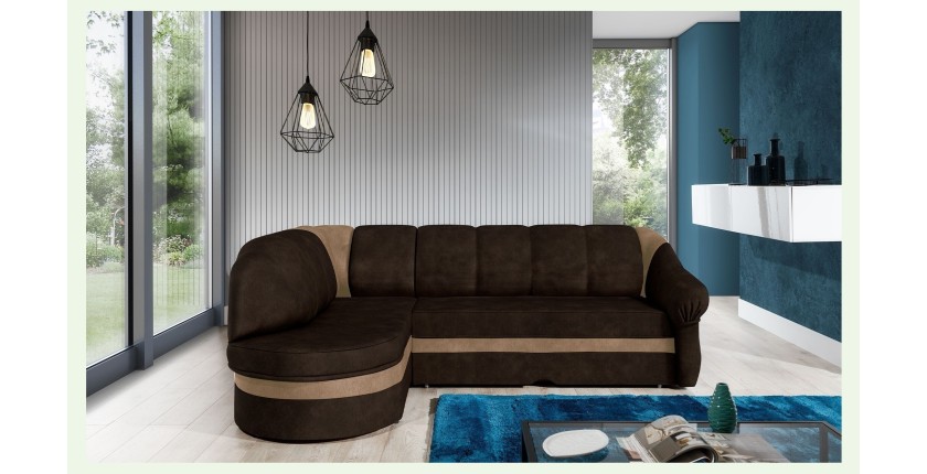 Canapé d’angle gauche convertible BENANA 250 cm marron foncé et beige avec coffre 