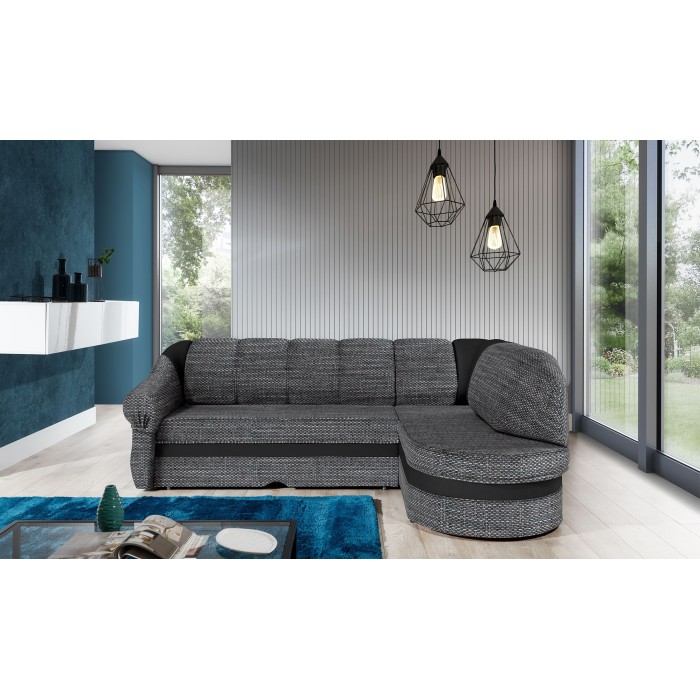 Canapé d’angle droit convertible BENANA 250 cm gris et noir avec coffre 