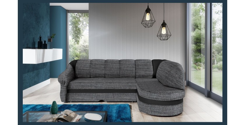 Canapé d’angle droit convertible BENANA 250 cm gris et noir avec coffre 