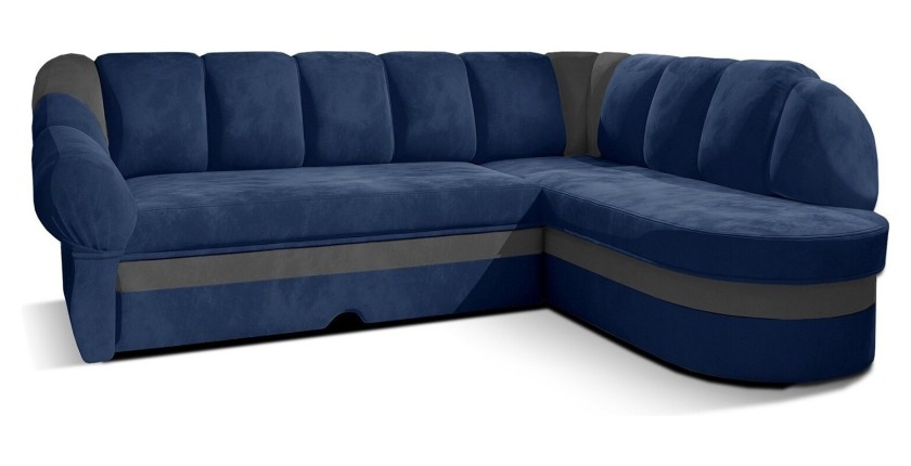 Canapé d’angle droit convertible BENANA 250 cm bleu foncé et gris avec coffre 